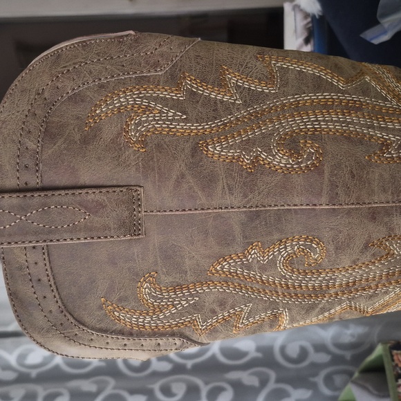 Western Cowgirl  Chunky Heel Mid Calf Snip Toe Vintage Tan Cowboy Boots 9.5 - Picture 5 of 14